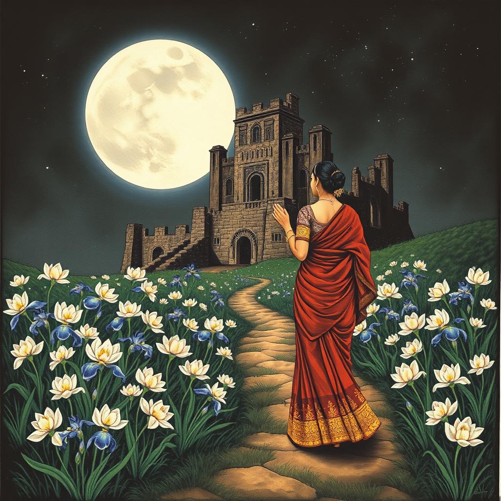 A captivating Kalamkari print featuring a serene scene of a ruined castle surrounded by blooming iris-colored flowers, portraying a sense of enchanting beauty