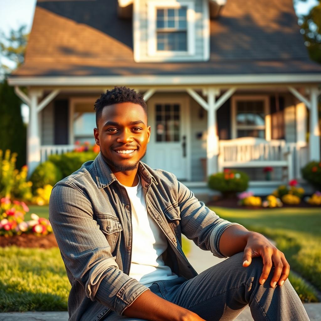 A portrait of a confident black man sitting casually in front of a charming suburban house