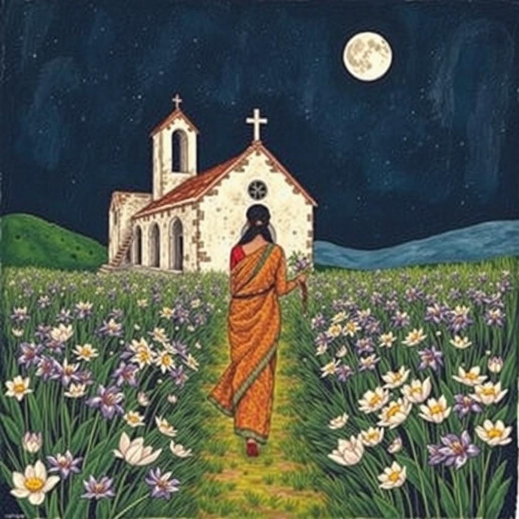 An exquisite Kalamkari print illustrating a ruined church surrounded by an enchanting display of blooming iris-colored flowers
