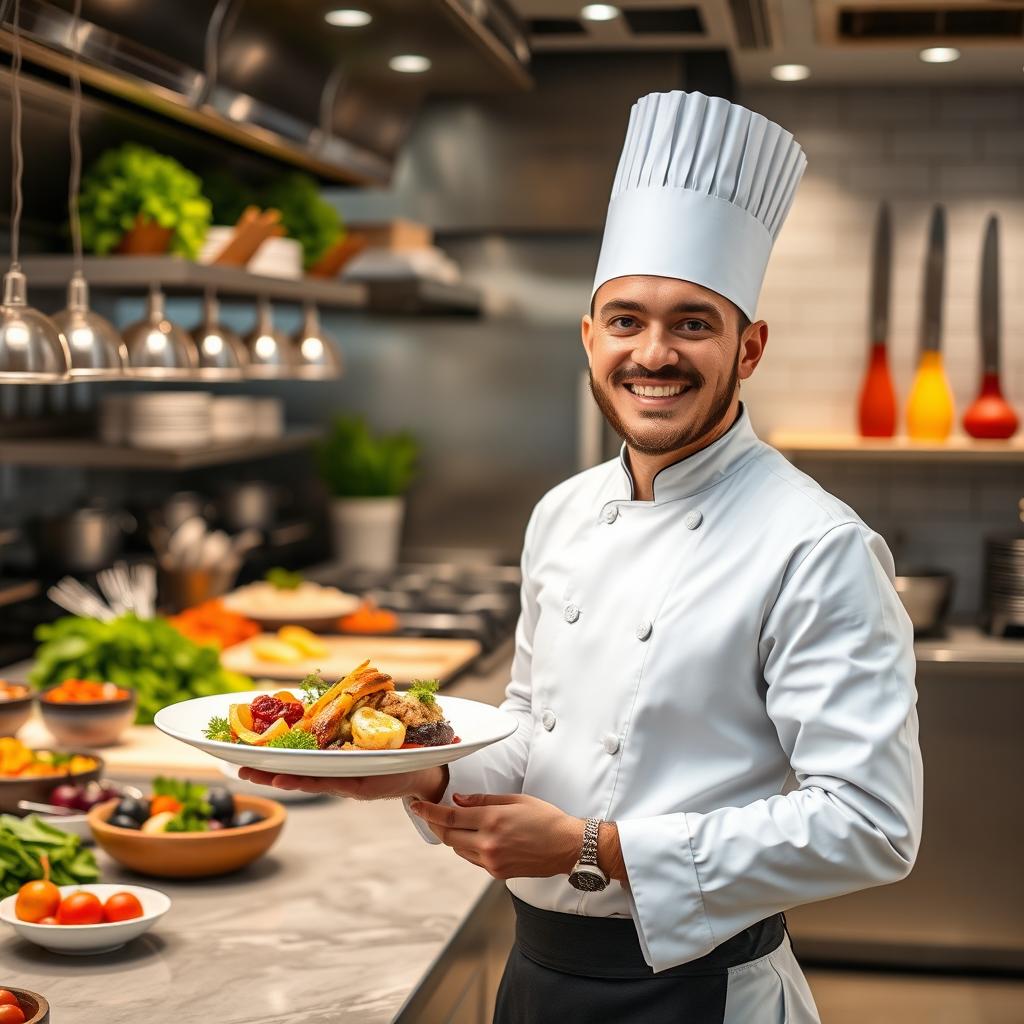 A professional profile photo representing the food industry, featuring a smiling chef in a modern restaurant kitchen