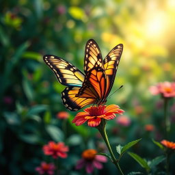 A realistic and vibrant butterfly perched on a colorful flower in a lush natural setting, showcasing its intricate wing patterns
