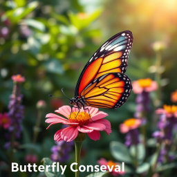 A realistic and vibrant butterfly perched on a colorful flower in a lush natural setting, showcasing its intricate wing patterns