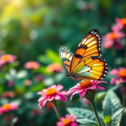 A realistic and vibrant butterfly perched on a colorful flower in a lush natural setting, showcasing its intricate wing patterns