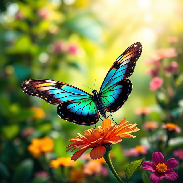 A realistic and vibrant butterfly perched on a colorful flower in a lush natural setting, showcasing its intricate wing patterns