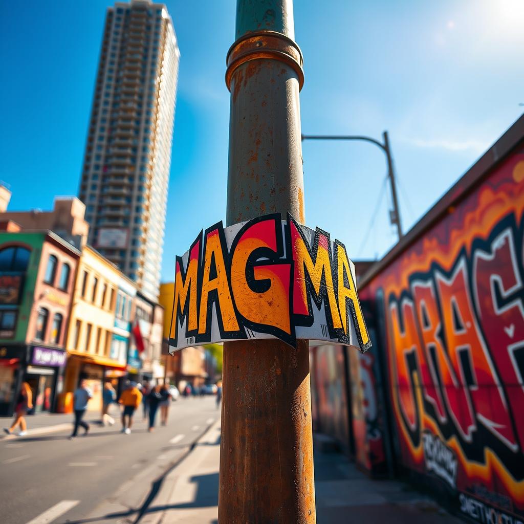 A vibrant urban scene featuring a street post prominently displaying the word 'MAGMA' in bold, artistic graffiti
