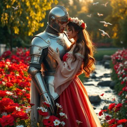 A romantic and magical scene in a lush garden filled with vibrant red and white flowers
