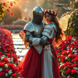 A romantic and magical scene in a lush garden filled with vibrant red and white flowers