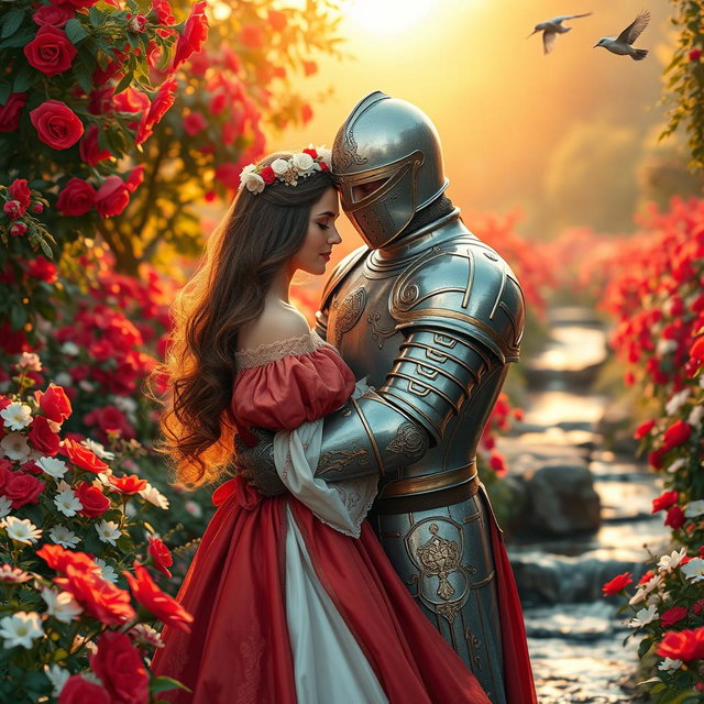 A romantic and magical scene in a lush garden filled with vibrant red and white flowers