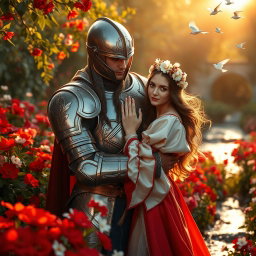 A romantic and magical scene in a lush garden filled with vibrant red and white flowers