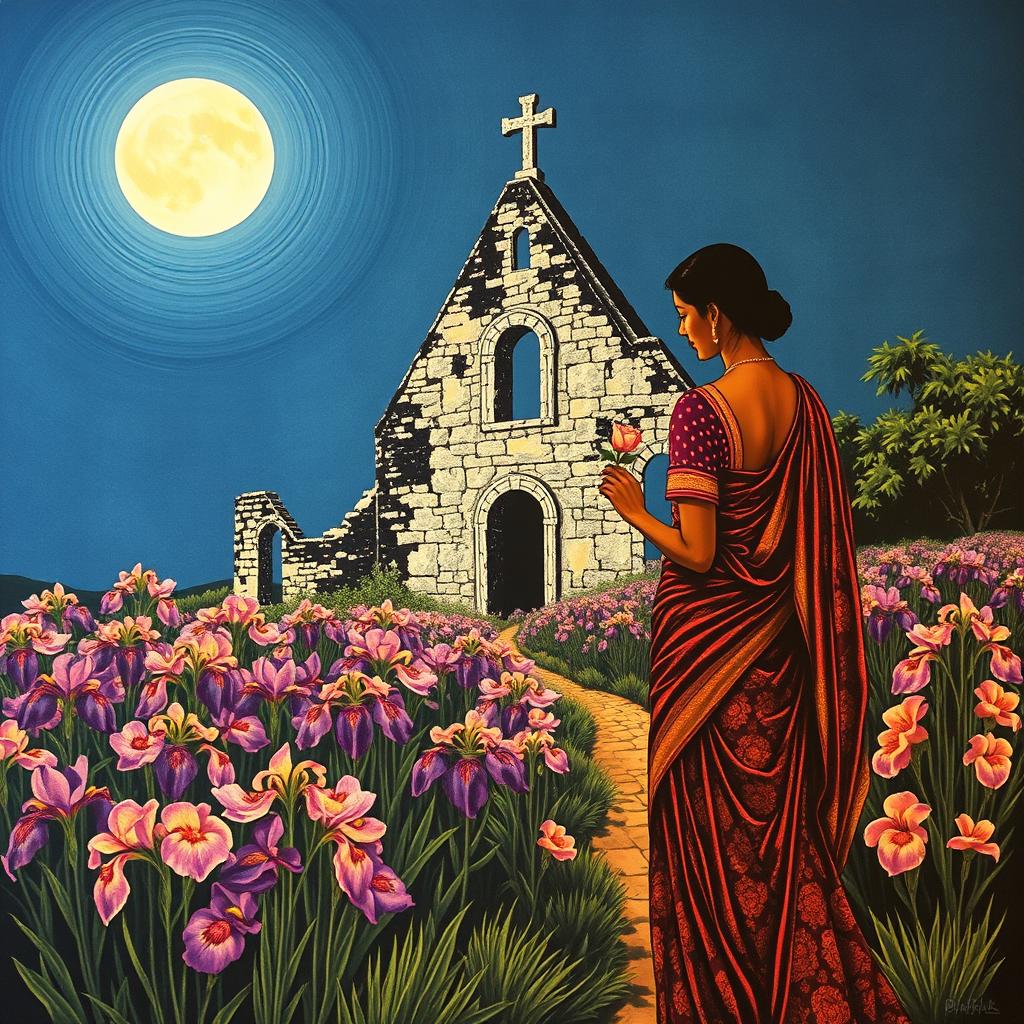 A captivating Kalamkari print depicting a scene of a ruined church set among a vibrant array of blooming iris-colored flowers