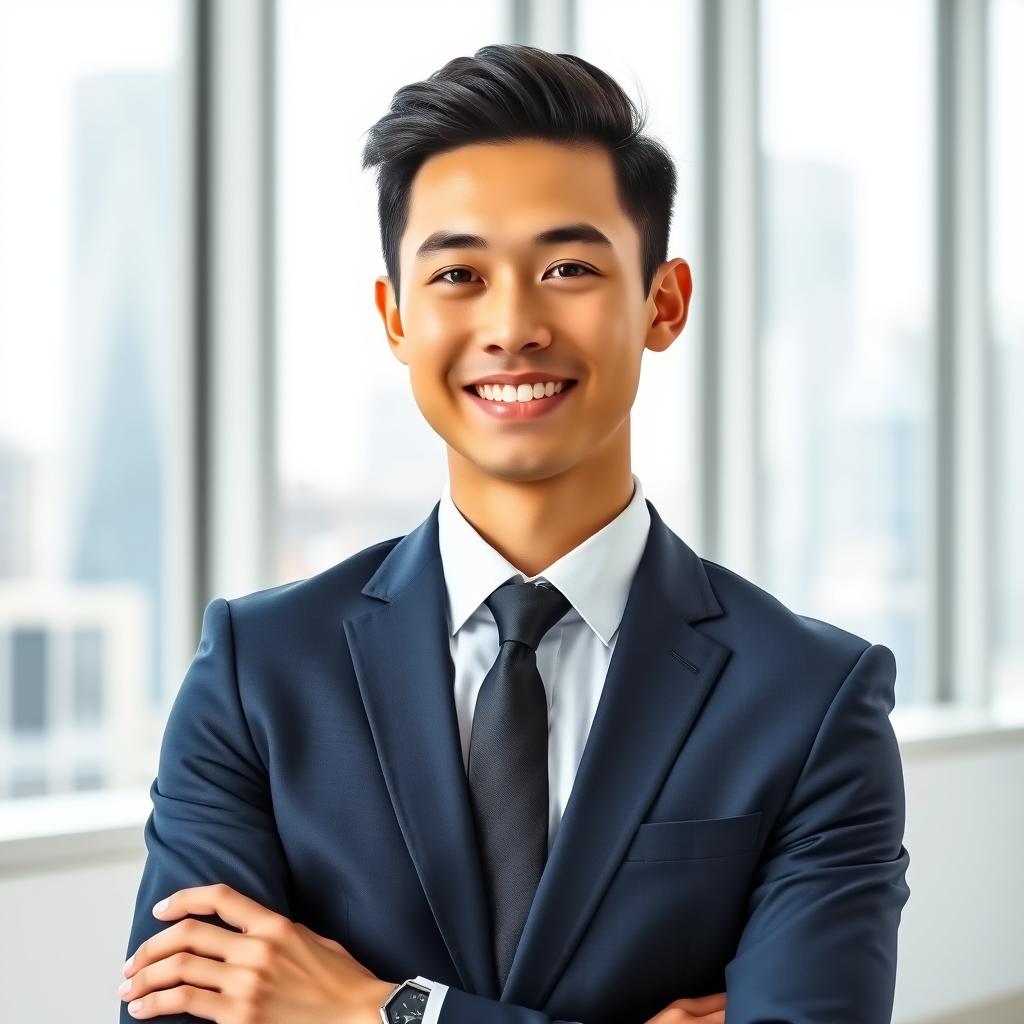 A business portrait of a young man in a sleek navy suit with a crisp white shirt and a modern tie