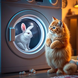 A fluffy orange cat with a round, kind face and a big belly standing on its hind legs inside its cozy home, gazing with curiosity at a white rabbit that is being washed inside a closed washing machine