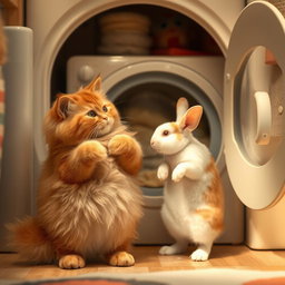 A fluffy orange cat with a round, kind face and a big belly standing on its hind legs inside its cozy home, gazing with curiosity at a white rabbit that is being washed inside a closed washing machine