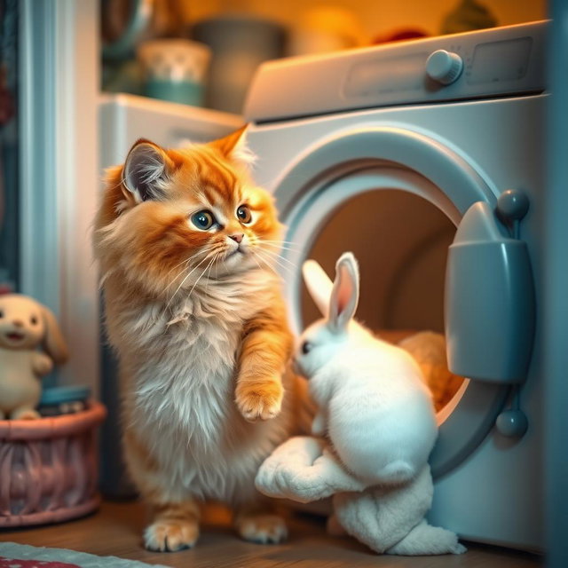 A fluffy orange cat with a round, kind face and a big belly standing on its hind legs inside its cozy home, gazing with curiosity at a white rabbit that is being washed inside a closed washing machine