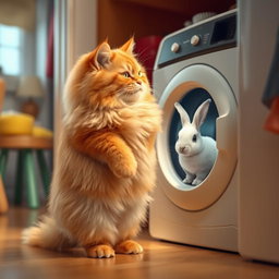 A fluffy orange cat with a round, kind face and a big belly standing on its hind legs inside its cozy home, gazing with curiosity at a white rabbit that is being washed inside a closed washing machine