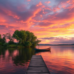 A stunningly realistic representation of a serene lakeside sunset, the sky filled with vibrant hues of orange, pink, and purple reflecting off the smooth surface of the calm lake