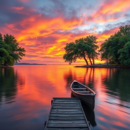 A stunningly realistic representation of a serene lakeside sunset, the sky filled with vibrant hues of orange, pink, and purple reflecting off the smooth surface of the calm lake