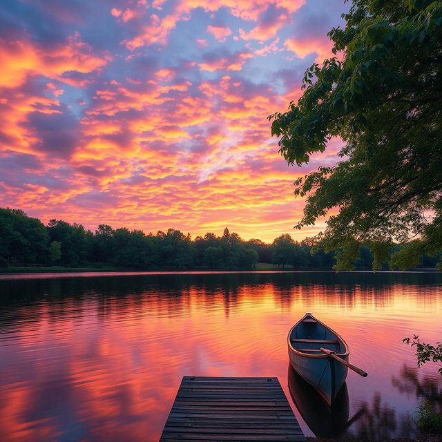 A stunningly realistic representation of a serene lakeside sunset, the sky filled with vibrant hues of orange, pink, and purple reflecting off the smooth surface of the calm lake