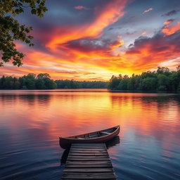 A stunningly realistic representation of a serene lakeside sunset, the sky filled with vibrant hues of orange, pink, and purple reflecting off the smooth surface of the calm lake