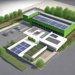 Illustrate a modern and simple Processing & Packaging Facility with an approx. area of 5200 sqft. Incorporate an environmentally friendly theme with features like solar panels, green walls, and recycling bins.