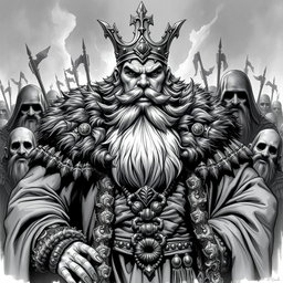A powerful black and white illustration of Bollo the 1st, the notorious despot who once ruled as the Dwarf King