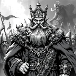 A powerful black and white illustration of Bollo the 1st, the notorious despot who once ruled as the Dwarf King