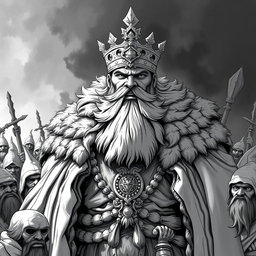A powerful black and white illustration of Bollo the 1st, the notorious despot who once ruled as the Dwarf King