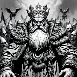 A powerful black and white illustration of Bollo the 1st, the notorious despot who once ruled as the Dwarf King