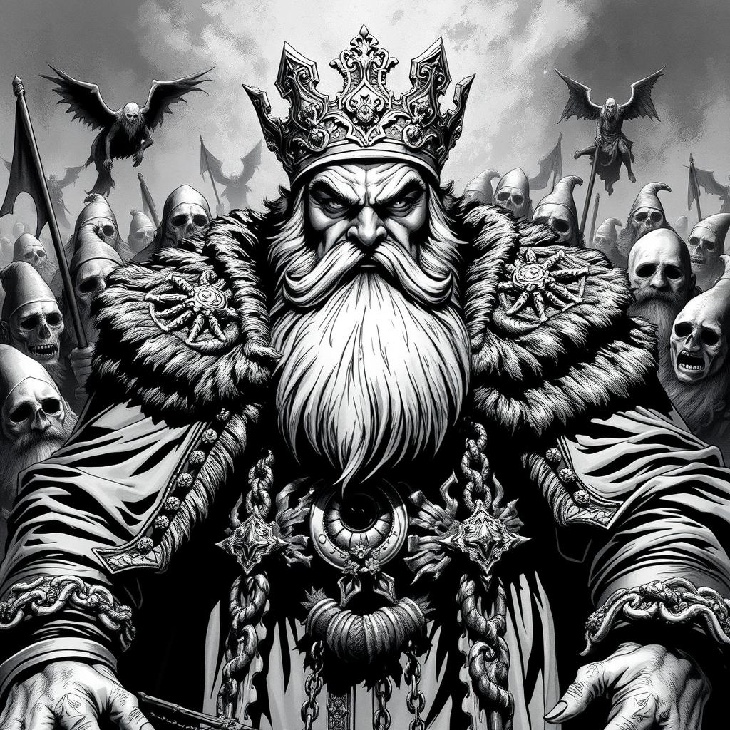 A powerful black and white illustration of Bollo the 1st, the notorious despot who once ruled as the Dwarf King