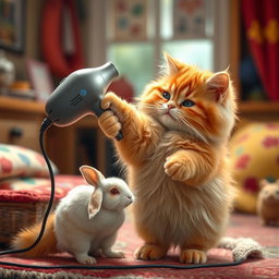 A fluffy orange cat with a round, kind face and a big belly standing on its hind legs in its cozy home, using a hairdryer to dry a small white rabbit