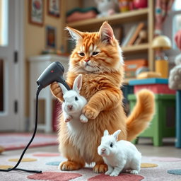 A fluffy orange cat with a round, kind face and a big belly standing on its hind legs in its cozy home, using a hairdryer to dry a small white rabbit