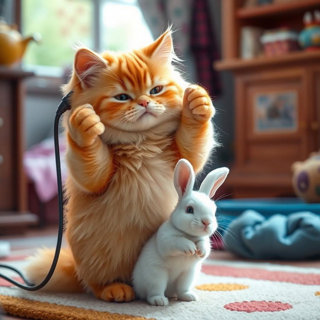 A fluffy orange cat with a round, kind face and a big belly standing on its hind legs in its cozy home, using a hairdryer to dry a small white rabbit