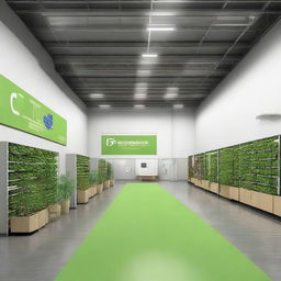 Illustrate a modern and simple Processing & Packaging Facility with an approx. area of 5200 sqft. Incorporate an environmentally friendly theme with features like solar panels, green walls, and recycling bins.