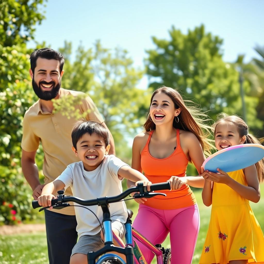 A cheerful family enjoying a sunny day outdoors, exhibiting healthy lifestyles