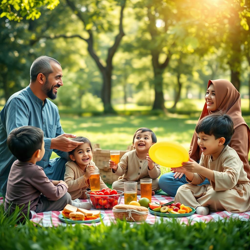 A joyful Islamic family enjoying a vibrant picnic in a lush green park, surrounded by nature