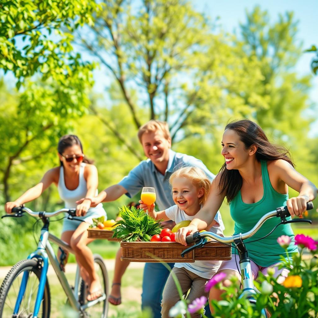 A joyful family enjoying a sunny day outdoors, engaging in healthy activities together, such as biking, picnicking with fresh fruits and vegetables, and playing in a green park filled with trees and flowers