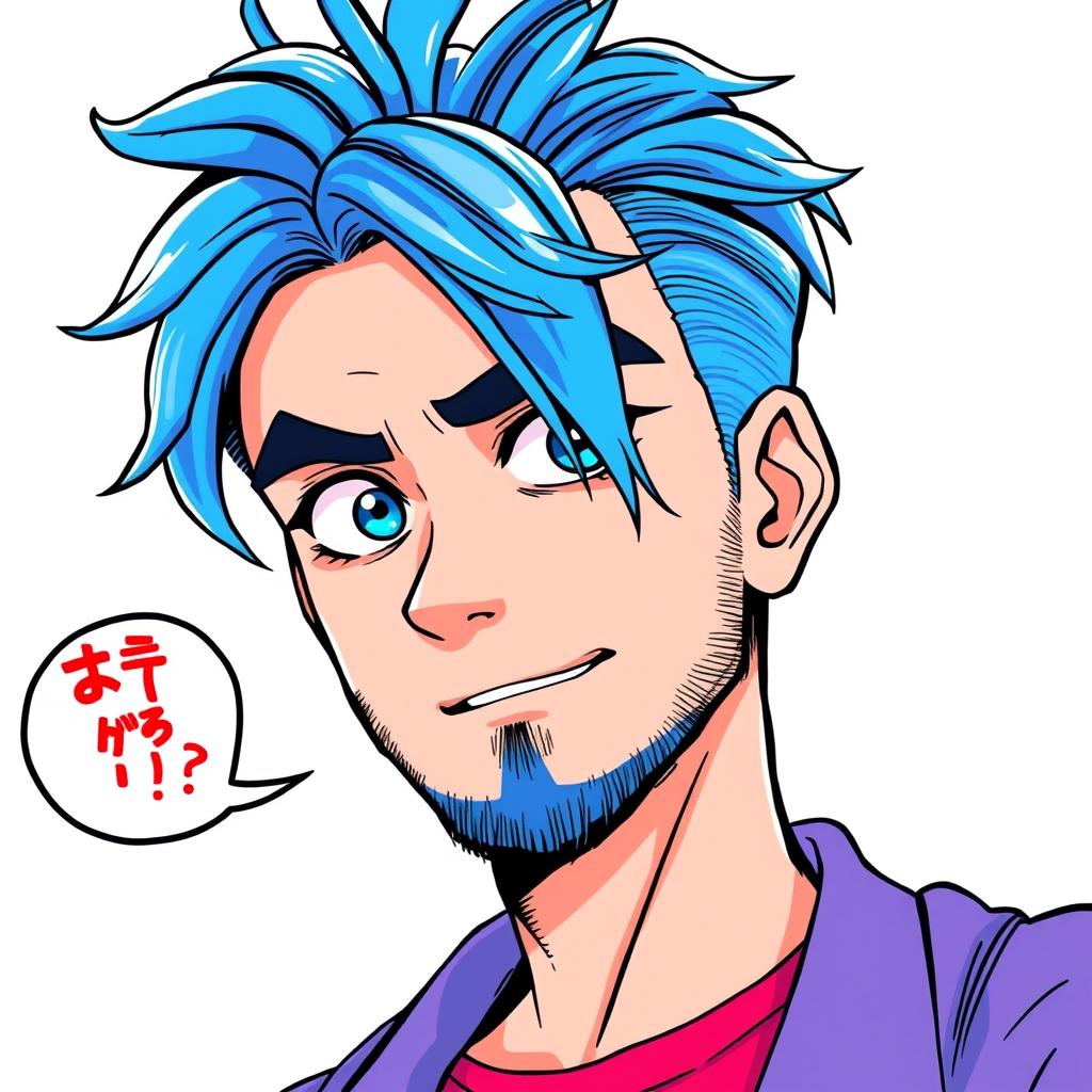 A tall guy with vibrant blue hair styled casually, posing as if he's mid-conversation asking something engagingly