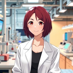 An anime girl in her mid-20s, featuring vibrant dark red hair styled in a chic, medium-length cut that frames her face beautifully
