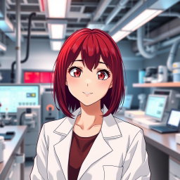 An anime girl in her mid-20s, featuring vibrant dark red hair styled in a chic, medium-length cut that frames her face beautifully