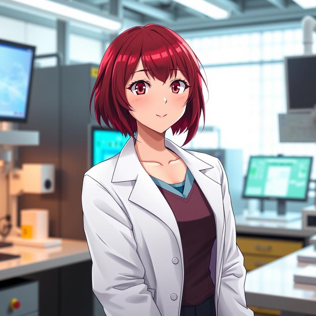 An anime girl in her mid-20s, featuring vibrant dark red hair styled in a chic, medium-length cut that frames her face beautifully