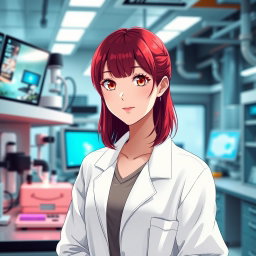 An anime girl in her mid-20s, featuring vibrant dark red hair styled in a chic, medium-length cut that frames her face beautifully