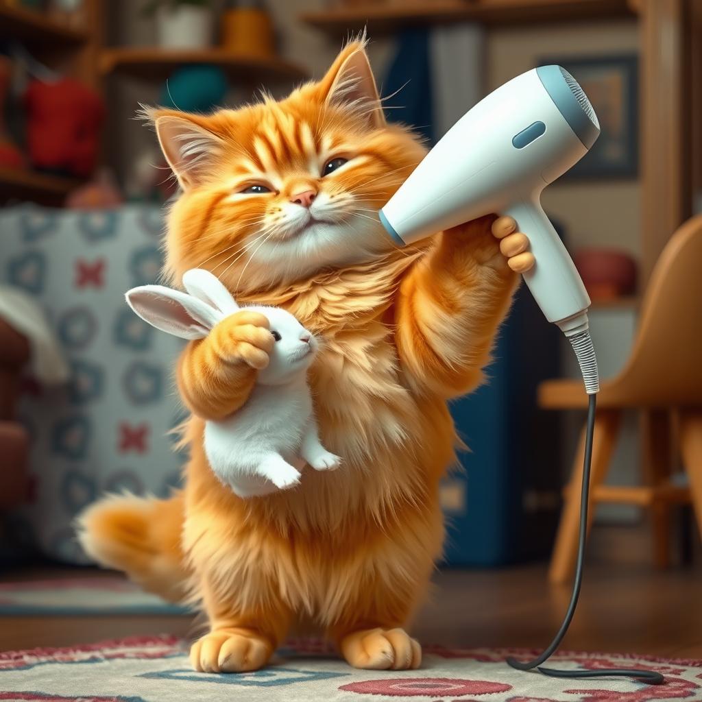 A fluffy orange cat with a round, kind face and a big belly standing on its hind legs in its cozy home, using a hairdryer aimed at a small white rabbit to dry it off