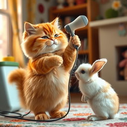 A fluffy orange cat with a round, kind face and a big belly standing on its hind legs in its cozy home, using a hairdryer aimed at a small white rabbit to dry it off
