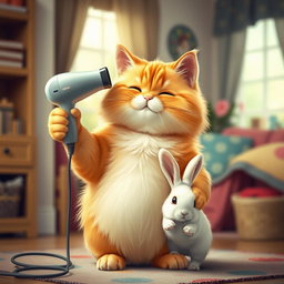 A fluffy orange cat with a round, kind face and a big belly standing on its hind legs in its cozy home, using a hairdryer aimed at a small white rabbit to dry it off