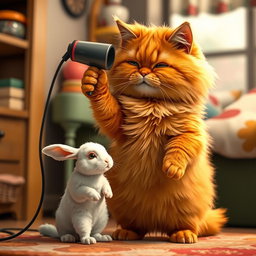 A fluffy orange cat with a round, kind face and a big belly standing on its hind legs in its cozy home, using a hairdryer aimed at a small white rabbit to dry it off