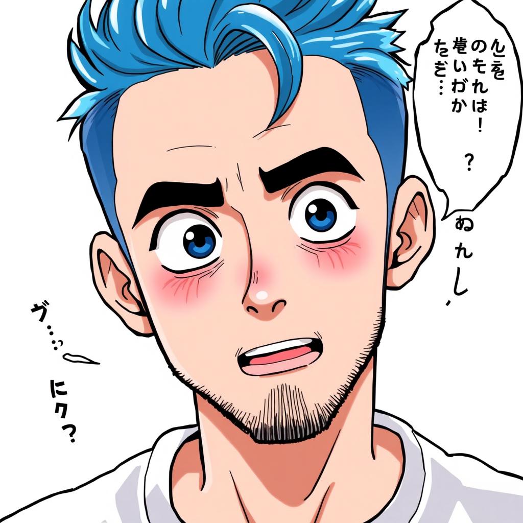 A guy with striking blue hair, engaged in conversation as if asking a question