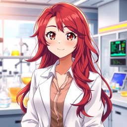 An anime girl in her mid-20s, showcasing beautiful dark red hair styled in soft, flowing waves that cascade past her shoulders