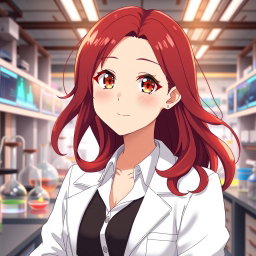 An anime girl in her mid-20s, showcasing beautiful dark red hair styled in soft, flowing waves that cascade past her shoulders