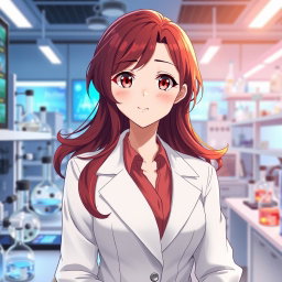 An anime girl in her mid-20s, showcasing beautiful dark red hair styled in soft, flowing waves that cascade past her shoulders