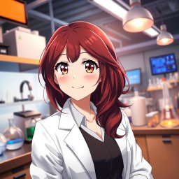 An anime girl in her mid-20s, showcasing beautiful dark red hair styled in soft, flowing waves that cascade past her shoulders